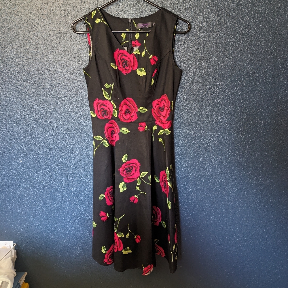 Bridesmay Midi Dress, black and roses, Size S